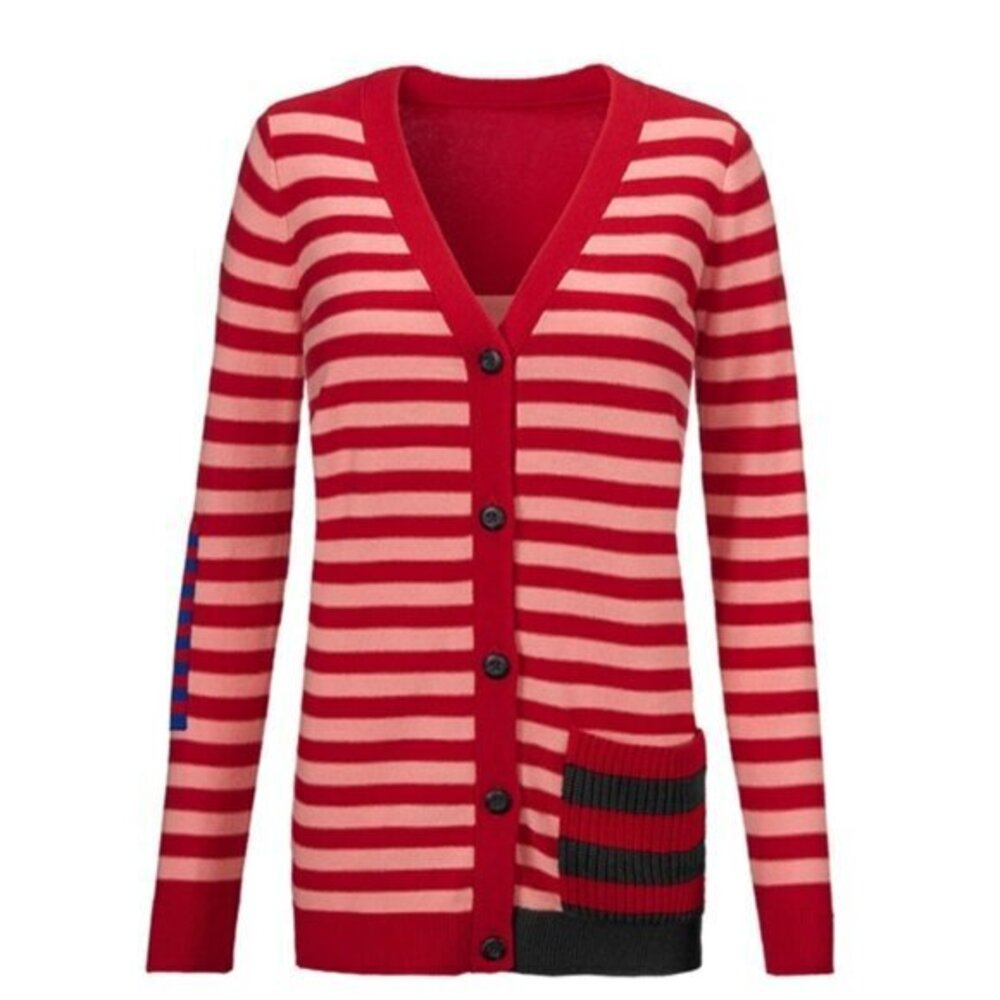Cabi Picnic Cardigan Red Pink Striped V Neck Sweater Knit Pocket Long Sleeve